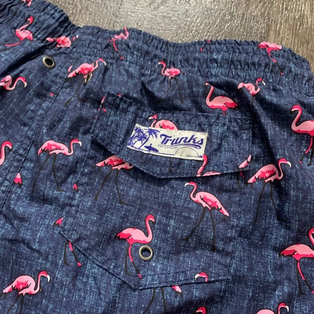 Trunks Flamingo Swim‎ Trunks Mens XL Blue Pink Bird Print Drawstring Mesh Lined